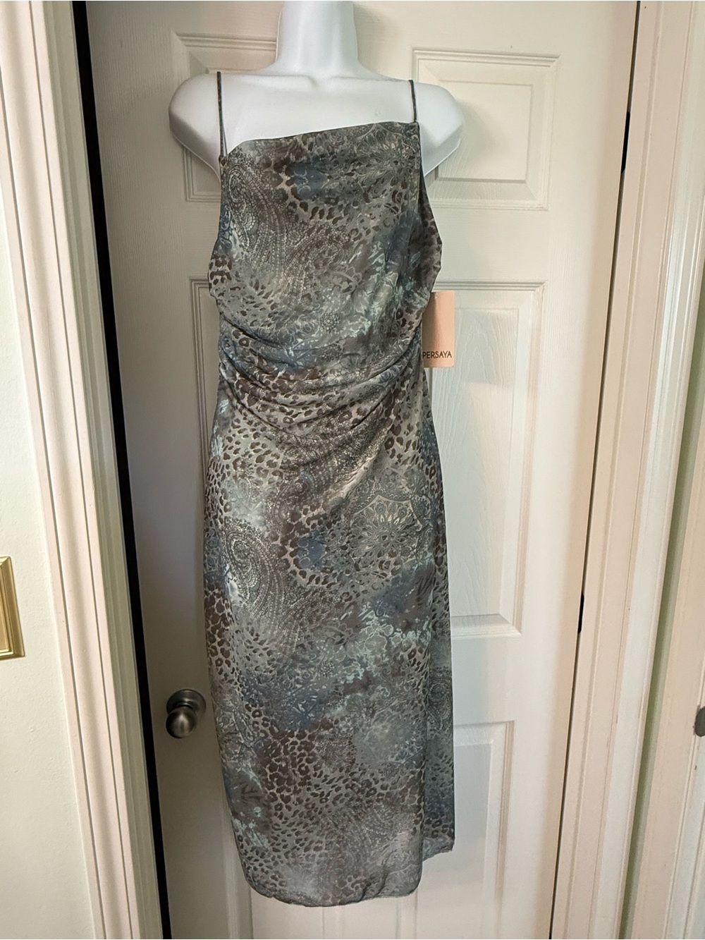 Persaya Metallic Gray-Blue Cowl Neck Midi Slip Dress